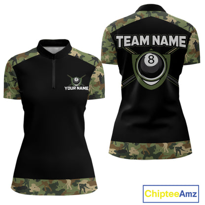 Custom Green Camouflage Billiard Shirt 8 Ball Billiard Jersey for Women Pool Shirt Polo & 1/4 Zip BHT121