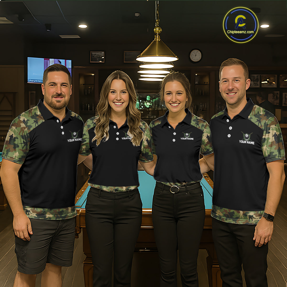 Custom Green Camouflage Billiard Shirt 8 Ball Billiard Jersey for Men Pool Shirt Polo & 1/4 Zip BHT121