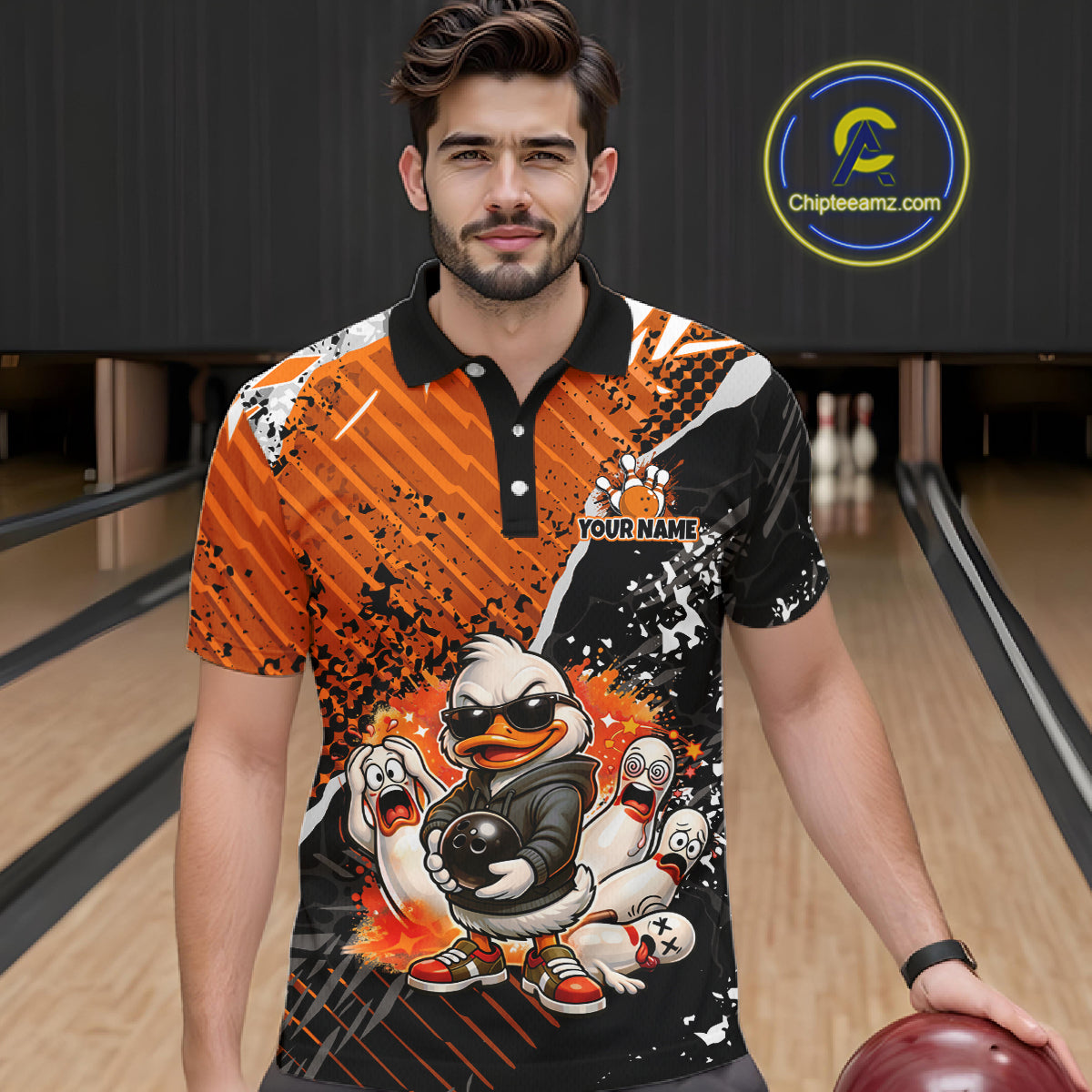 Custom Orange Funny Duck Bowling Team Shirt for Men Bowling League Jersey Polo & Quarter-Zip QZT895