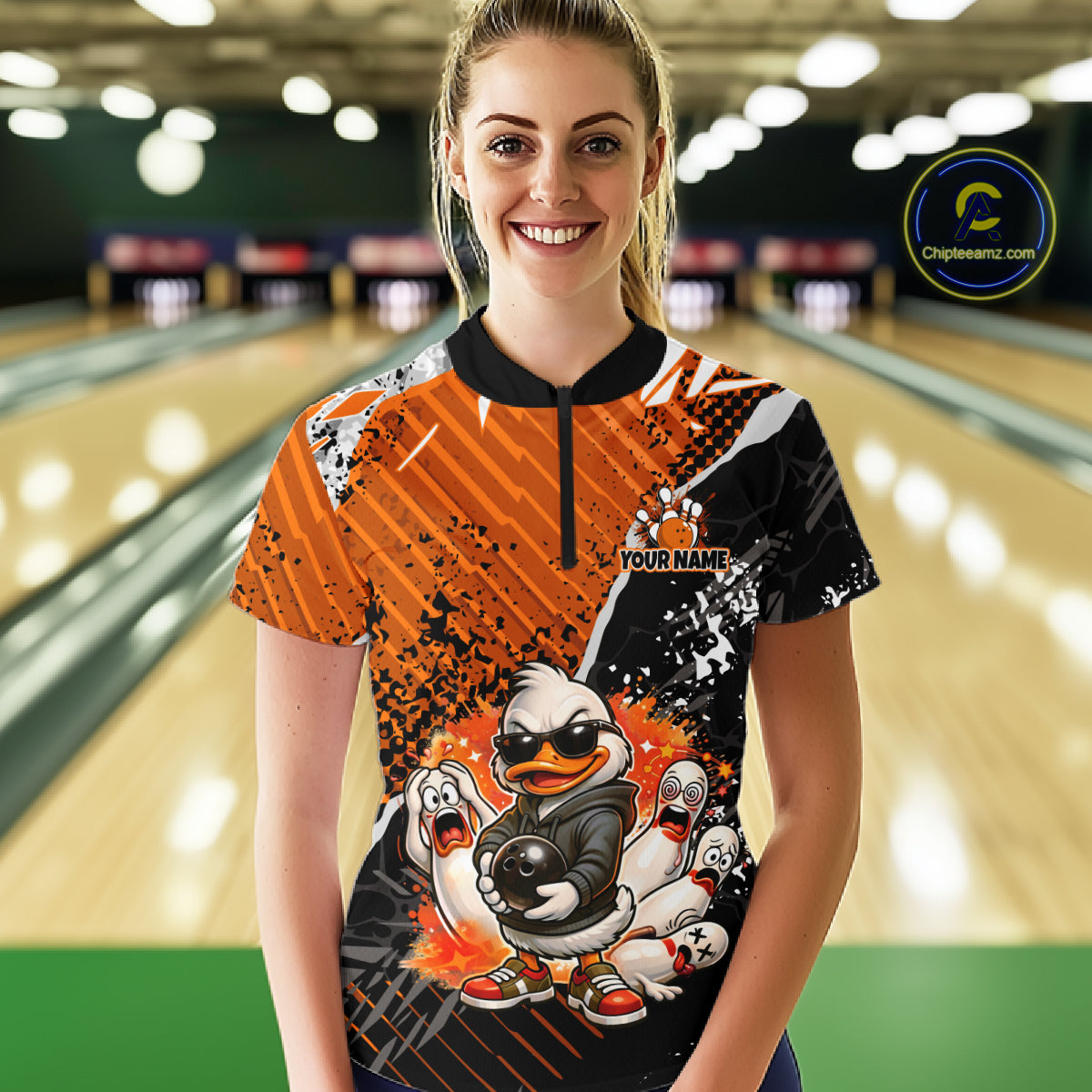 Custom Orange Funny Duck Bowling Team Shirt for Women Bowling League Jersey Polo & Quarter-Zip QZT895