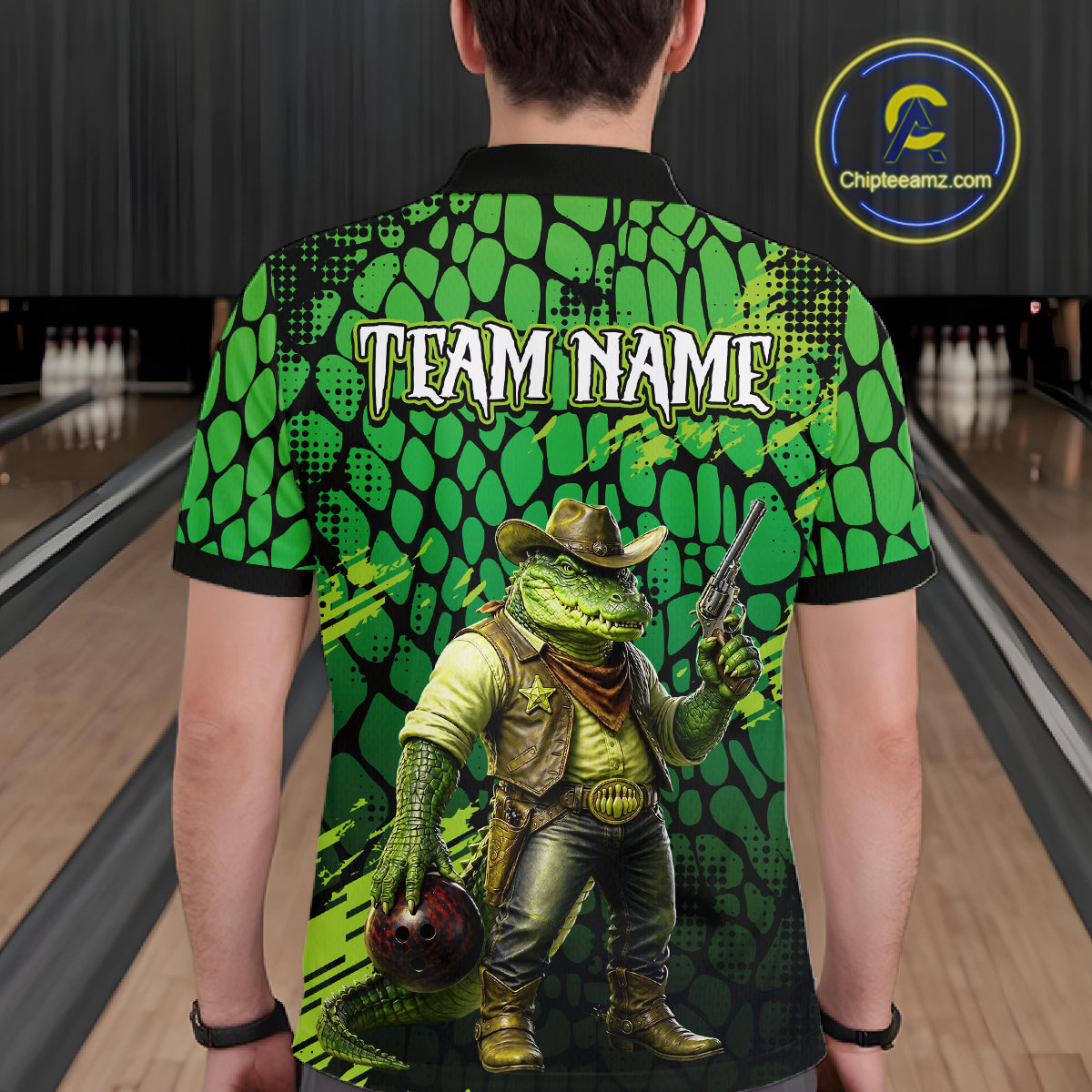 Funny Green Cowboy Alliagator Bowling Shirt for Men Custom Bowling Team Jersey Polo & 1/4-Zip Bowling Outfit QZT1012