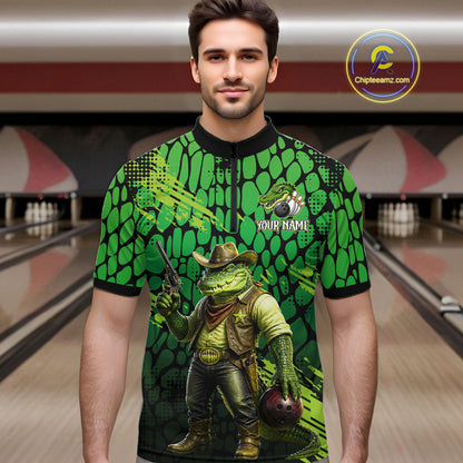 Funny Green Cowboy Alliagator Bowling Shirt for Men Custom Bowling Team Jersey Polo & 1/4-Zip Bowling Outfit QZT1012