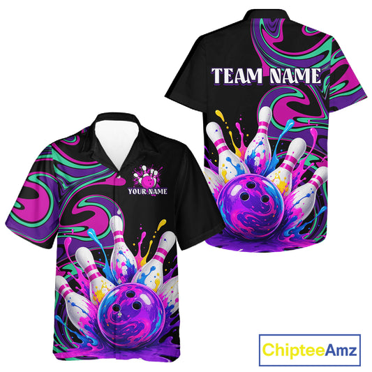 Bowling-themed shirts with colorful design and 'Team Name' text on a white background.