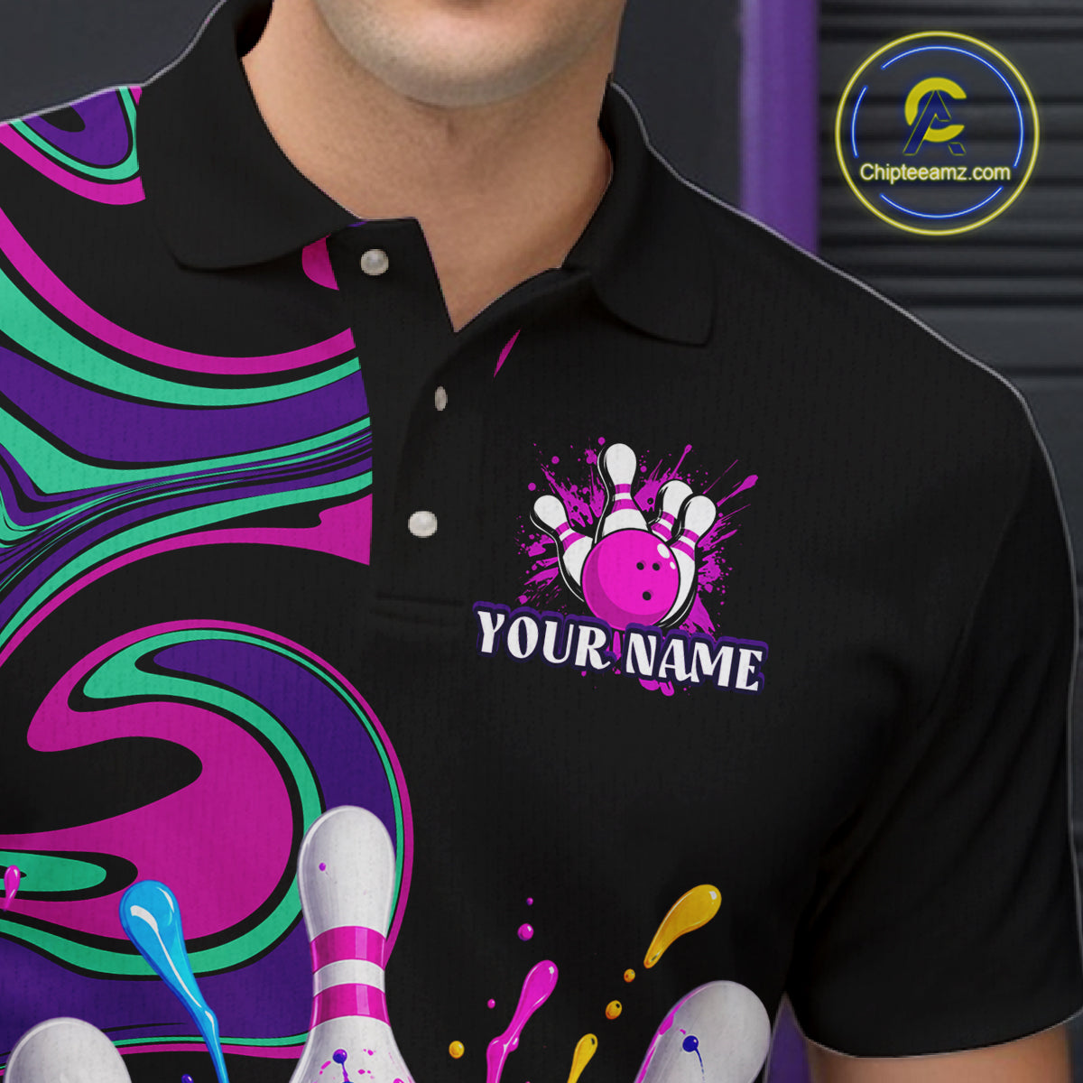 Black polo shirt with a colorful bowling design and 'Your Name' text, brand logo visible.