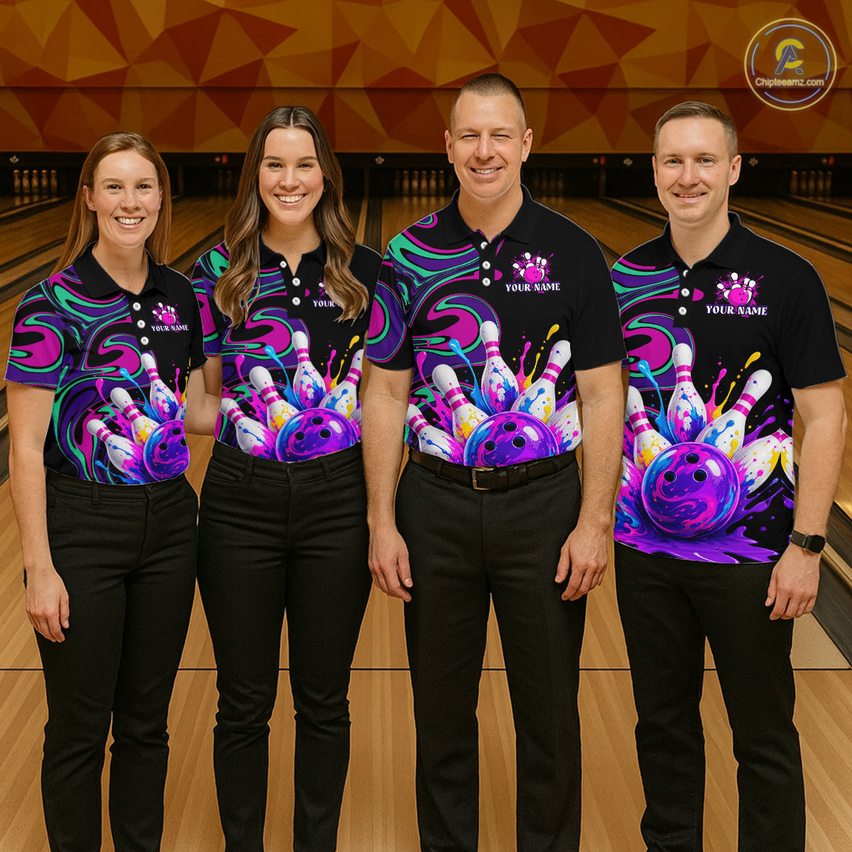 Four people wearing colorful bowling-themed shirts in a bowling alley.