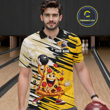 Load image into Gallery viewer, Man wearing a bowling-themed shirt with a pizza design in a bowling alley.