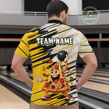 Load image into Gallery viewer, Person wearing a yellow and black bowling-themed shirt with cartoon pizza character in a bowling alley.