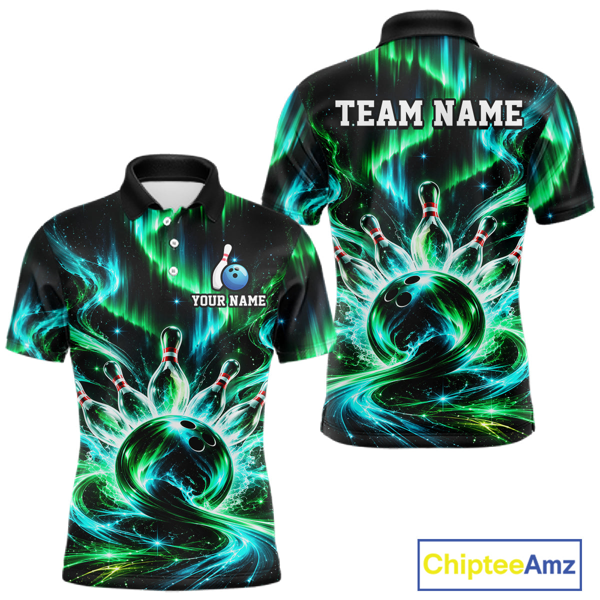 Custom Emerald Aurora Galaxy Bowling Shirt for Men Cosmic Energy Bowling Jersey Polo & 1/4 Zip QZT1400