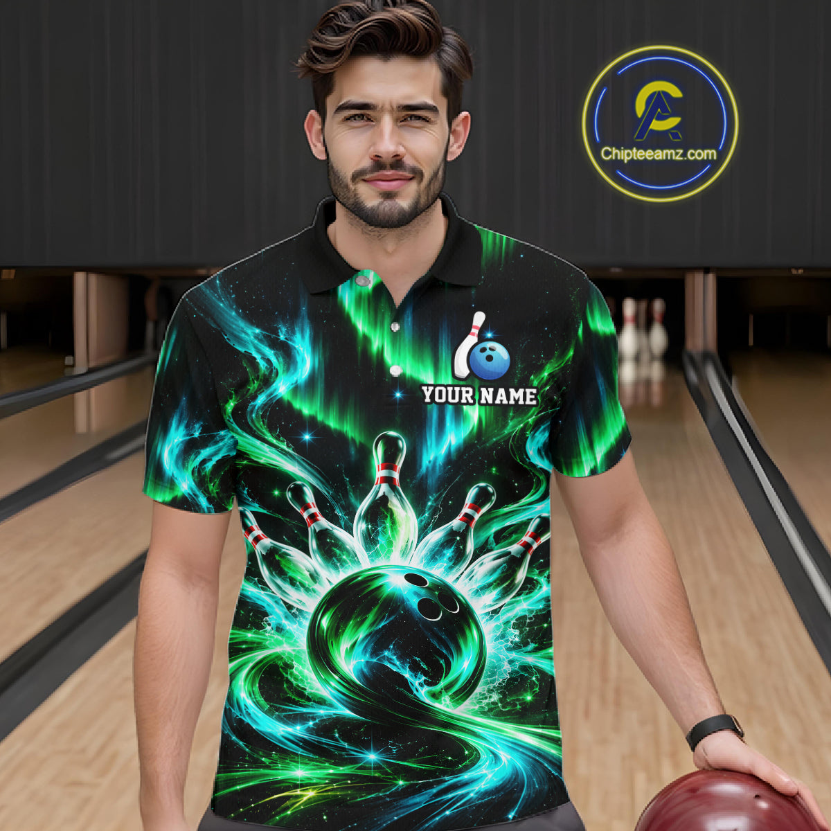 Custom Emerald Aurora Galaxy Bowling Shirt for Men Cosmic Energy Bowling Jersey Polo & 1/4 Zip QZT1400