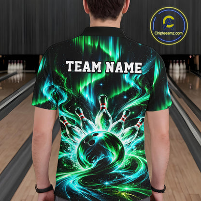 Custom Emerald Aurora Galaxy Bowling Shirt for Men Cosmic Energy Bowling Jersey Polo & 1/4 Zip QZT1400