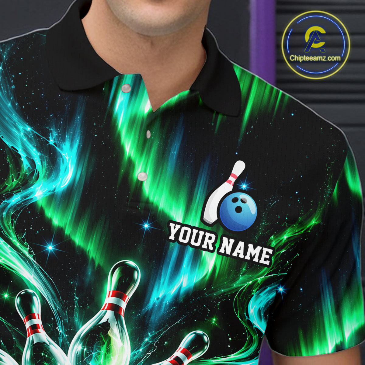 Custom Emerald Aurora Galaxy Bowling Shirt for Men Cosmic Energy Bowling Jersey Polo & 1/4 Zip QZT1400