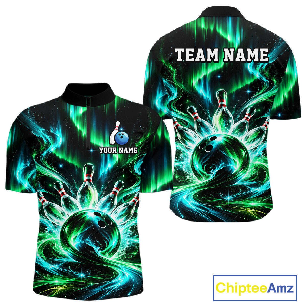 Custom Emerald Aurora Galaxy Bowling Shirt for Men Cosmic Energy Bowling Jersey Polo & 1/4 Zip QZT1400
