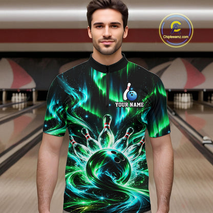 Custom Emerald Aurora Galaxy Bowling Shirt for Men Cosmic Energy Bowling Jersey Polo & 1/4 Zip QZT1400