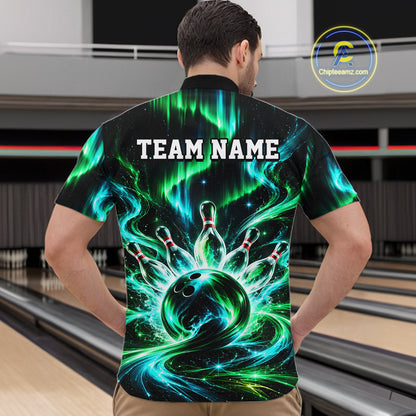 Custom Emerald Aurora Galaxy Bowling Shirt for Men Cosmic Energy Bowling Jersey Polo & 1/4 Zip QZT1400