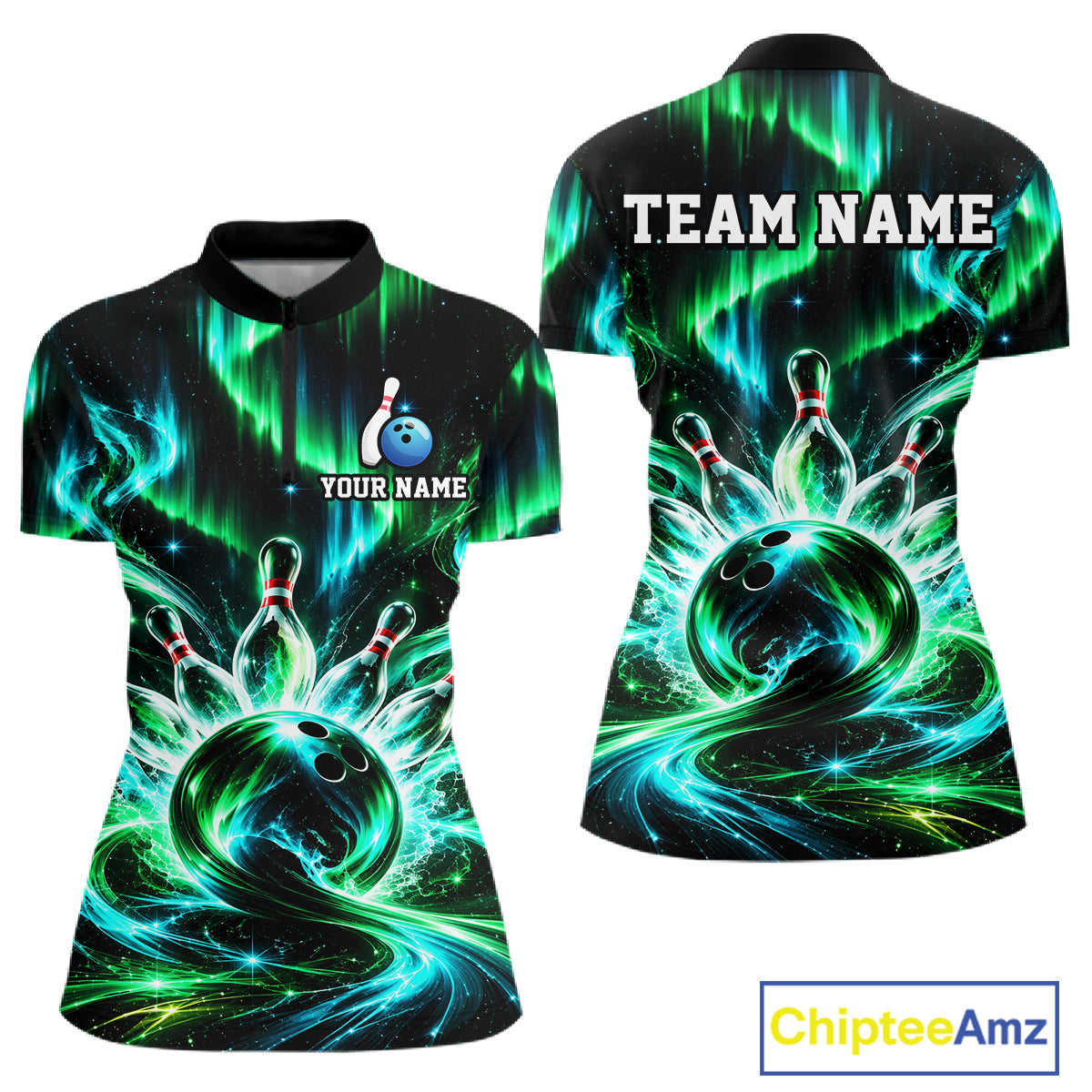 Custom Emerald Aurora Bowling Shirt for Women Galaxy Bowling Jersey Polo & 1/4 Zip QZT1400