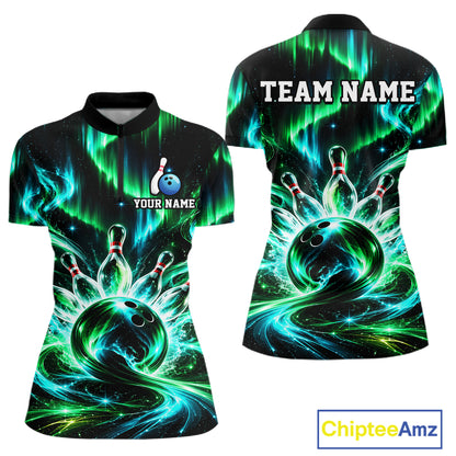 Custom Emerald Aurora Bowling Shirt for Women Galaxy Bowling Jersey Polo & 1/4 Zip QZT1400