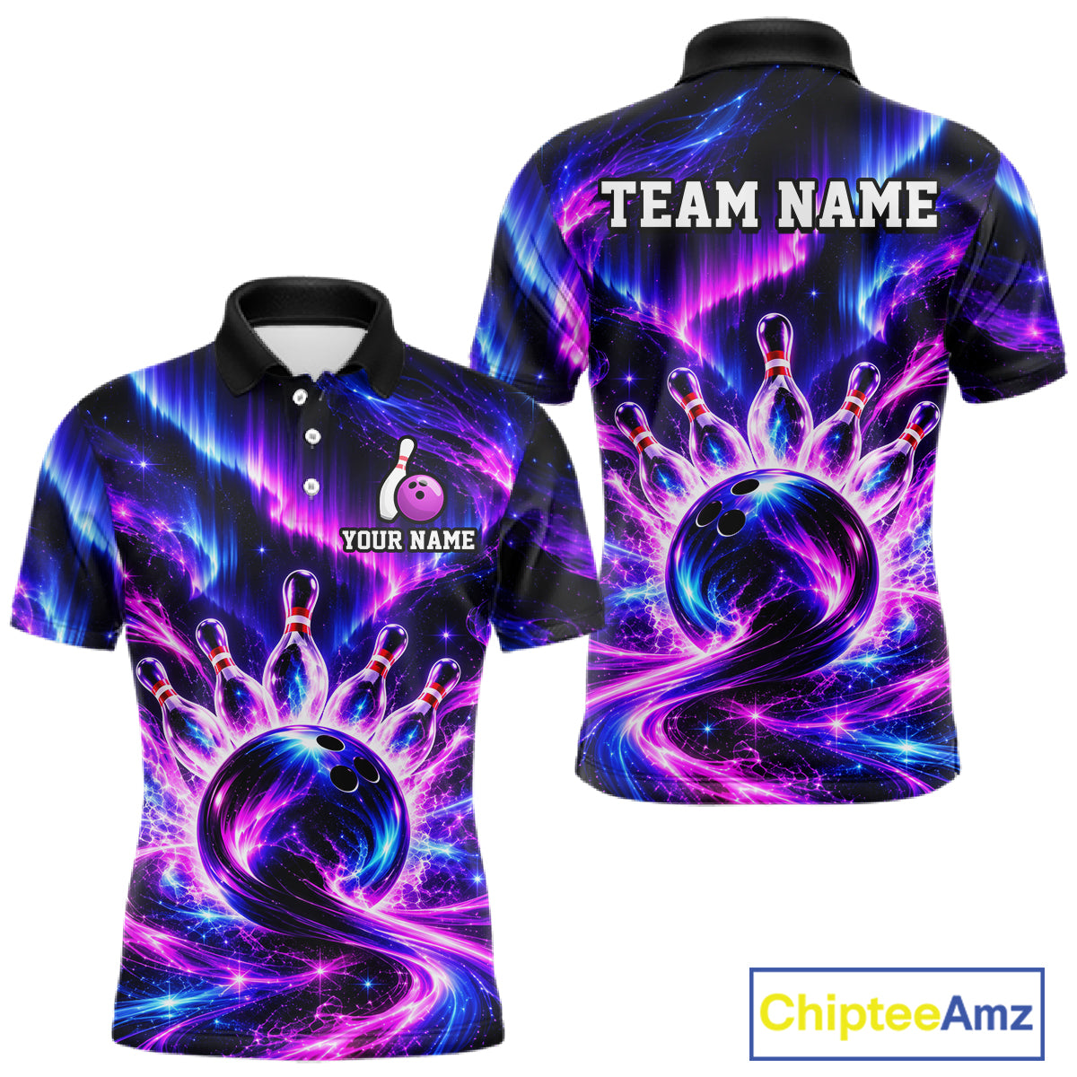 Custom Purple Aurora Galaxy Bowling Shirt for Men Neon Cosmic Bowling Jersey Polo & 1/4 Zip QZT1401