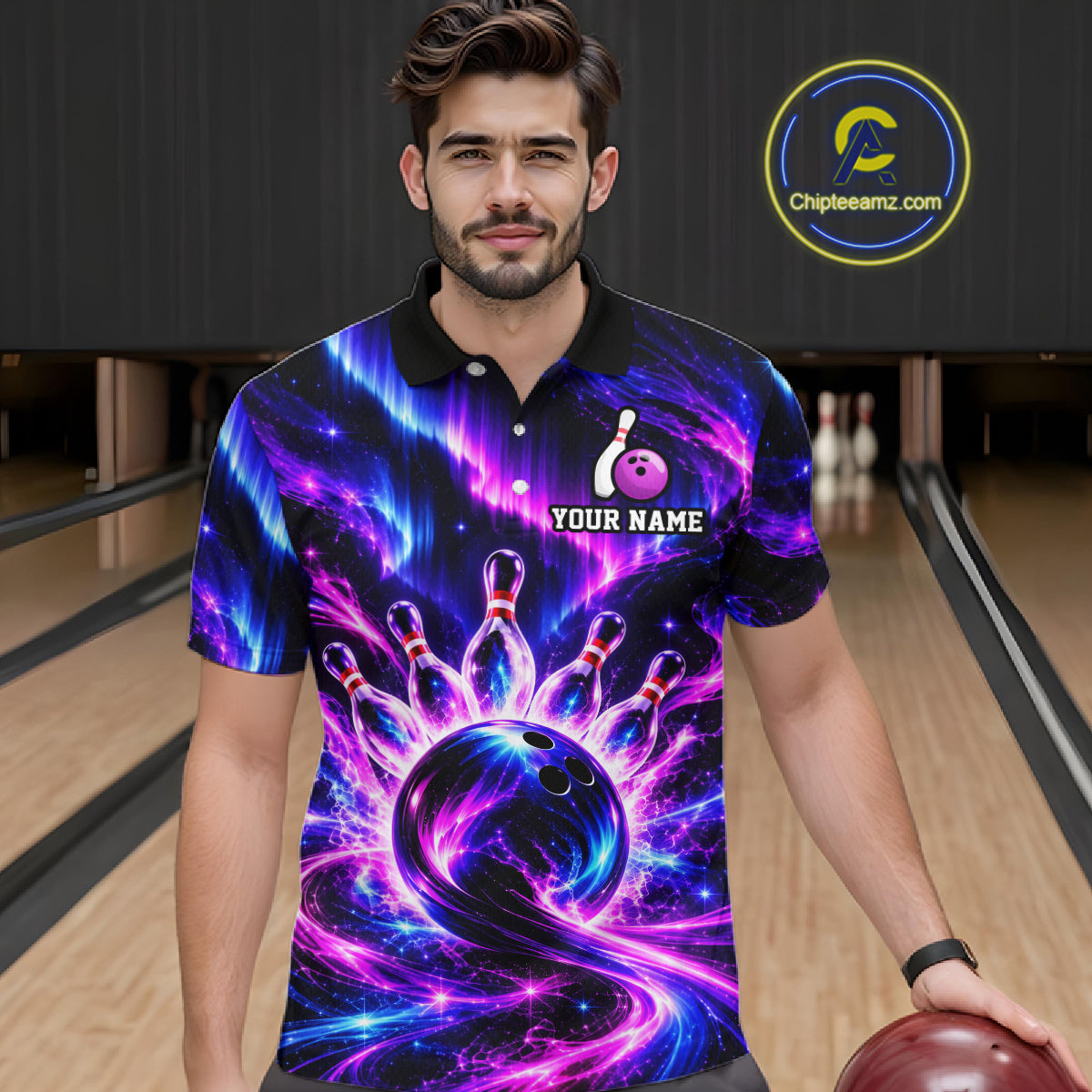Custom Purple Aurora Galaxy Bowling Shirt for Men Neon Cosmic Bowling Jersey Polo & 1/4 Zip QZT1401