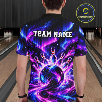 Custom Purple Aurora Galaxy Bowling Shirt for Men Neon Cosmic Bowling Jersey Polo & 1/4 Zip QZT1401