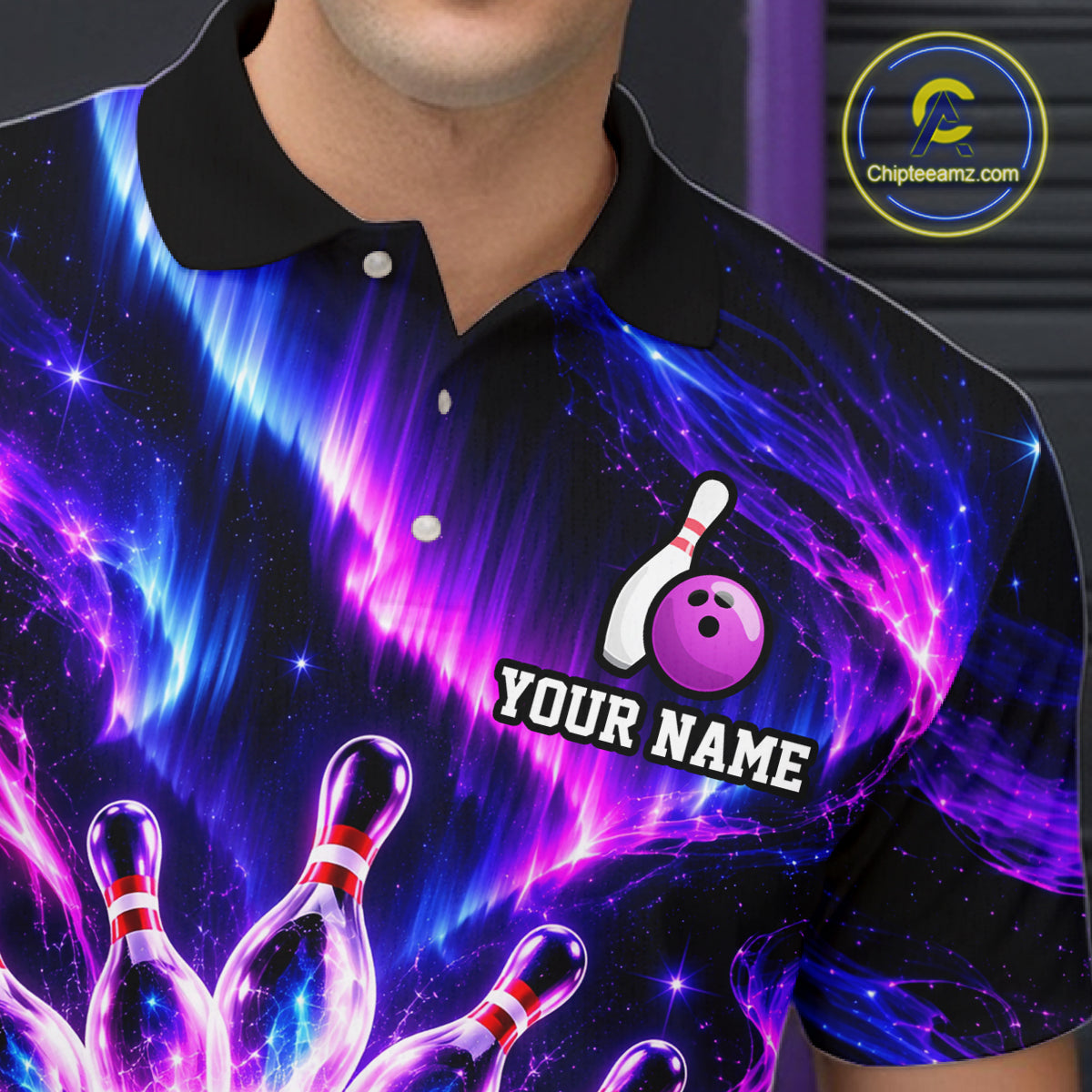 Custom Purple Aurora Galaxy Bowling Shirt for Men Neon Cosmic Bowling Jersey Polo & 1/4 Zip QZT1401