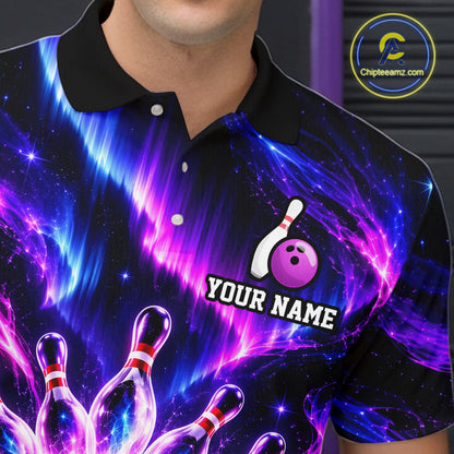 Custom Purple Aurora Galaxy Bowling Shirt for Men Neon Cosmic Bowling Jersey Polo & 1/4 Zip QZT1401