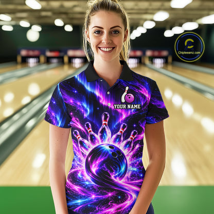 Custom Purple Aurora Bowling Shirt for Women Galaxy Bowling Jersey Polo & 1/4 Zip QZT1401