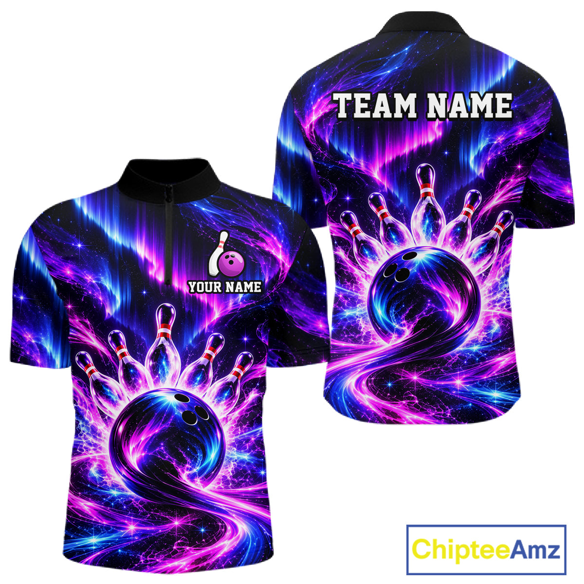 Custom Purple Aurora Galaxy Bowling Shirt for Men Neon Cosmic Bowling Jersey Polo & 1/4 Zip QZT1401
