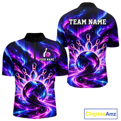 Custom Purple Aurora Galaxy Bowling Shirt for Men Neon Cosmic Bowling Jersey Polo & 1/4 Zip QZT1401