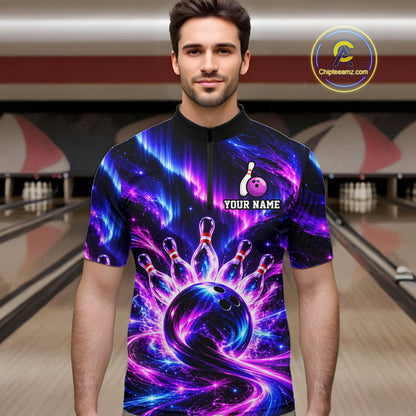 Custom Purple Aurora Galaxy Bowling Shirt for Men Neon Cosmic Bowling Jersey Polo & 1/4 Zip QZT1401