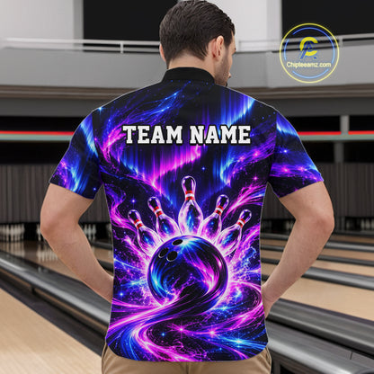 Custom Purple Aurora Galaxy Bowling Shirt for Men Neon Cosmic Bowling Jersey Polo & 1/4 Zip QZT1401