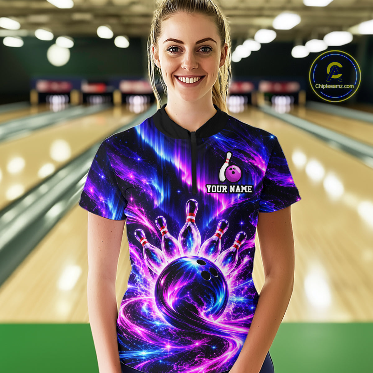 Custom Purple Aurora Bowling Shirt for Women Galaxy Bowling Jersey Polo & 1/4 Zip QZT1401
