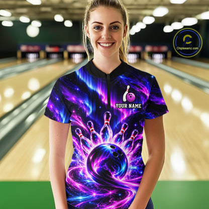 Custom Purple Aurora Bowling Shirt for Women Galaxy Bowling Jersey Polo & 1/4 Zip QZT1401