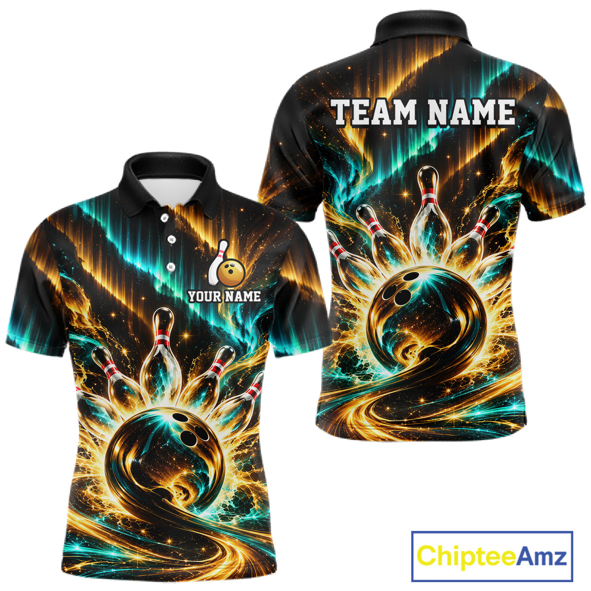 Custom Black Gold Aurora Galaxy Bowling Shirt for Men Cosmic Bowling Jersey Polo & 1/4 Zip QZT1402