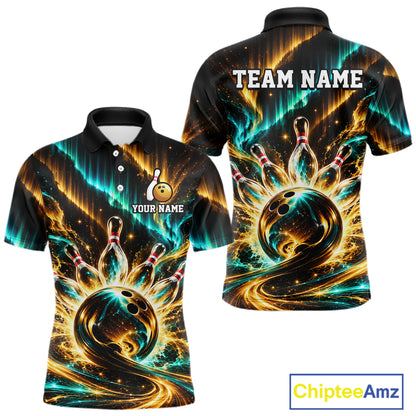 Custom Black Gold Aurora Galaxy Bowling Shirt for Men Cosmic Bowling Jersey Polo & 1/4 Zip QZT1402