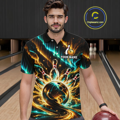 Custom Black Gold Aurora Galaxy Bowling Shirt for Men Cosmic Bowling Jersey Polo & 1/4 Zip QZT1402