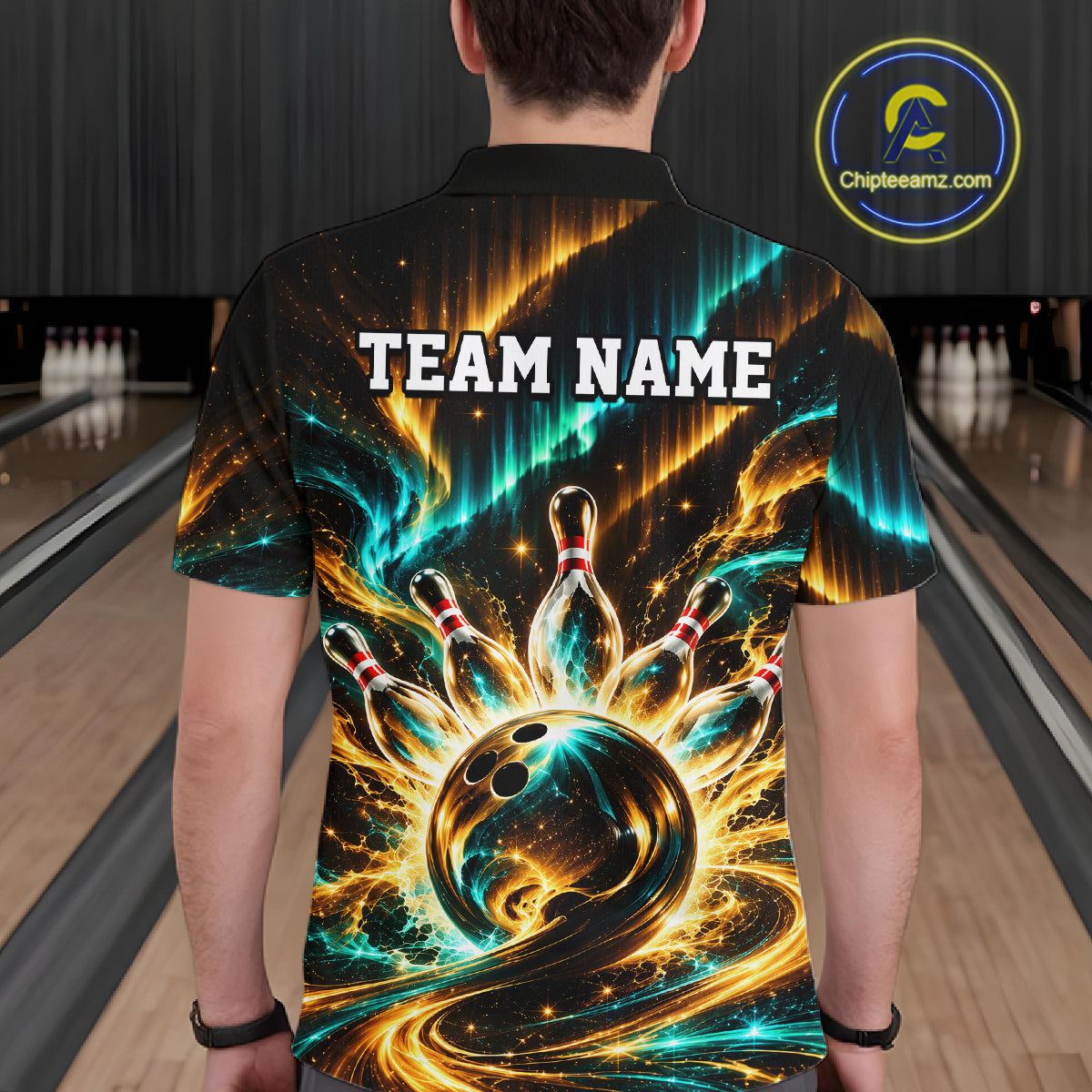 Custom Black Gold Aurora Galaxy Bowling Shirt for Men Cosmic Bowling Jersey Polo & 1/4 Zip QZT1402