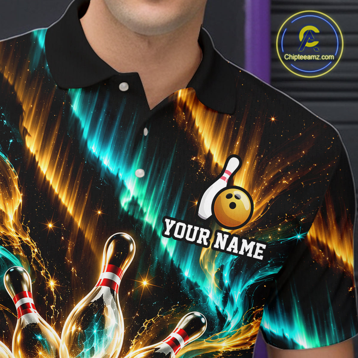 Custom Black Gold Aurora Galaxy Bowling Shirt for Men Cosmic Bowling Jersey Polo & 1/4 Zip QZT1402