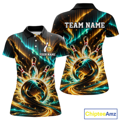 Custom Black Gold Aurora Bowling Shirt for Women Galaxy Bowling Jersey Polo & 1/4 Zip QZT1402