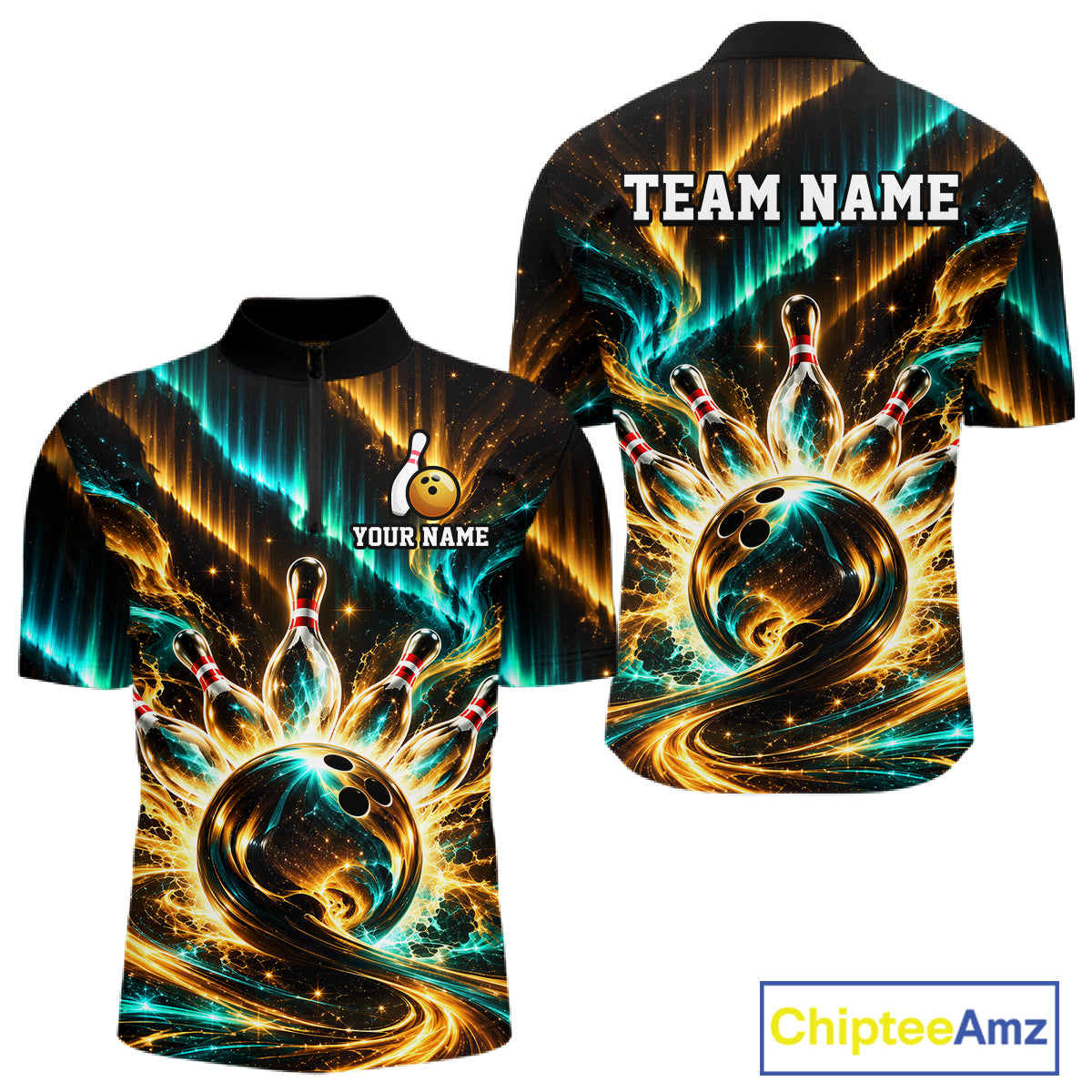 Custom Black Gold Aurora Galaxy Bowling Shirt for Men Cosmic Bowling Jersey Polo & 1/4 Zip QZT1402