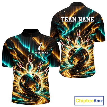 Custom Black Gold Aurora Galaxy Bowling Shirt for Men Cosmic Bowling Jersey Polo & 1/4 Zip QZT1402