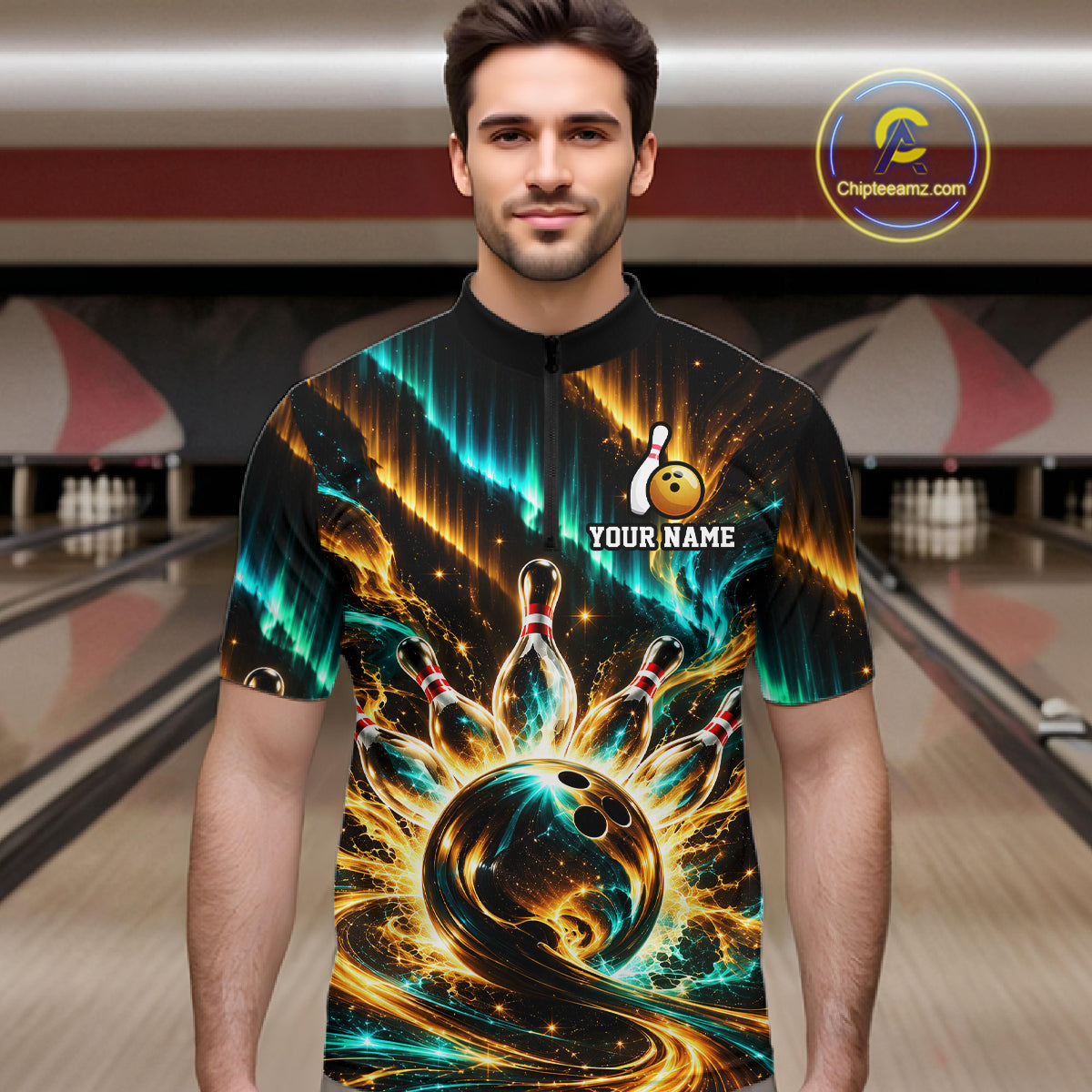 Custom Black Gold Aurora Galaxy Bowling Shirt for Men Cosmic Bowling Jersey Polo & 1/4 Zip QZT1402