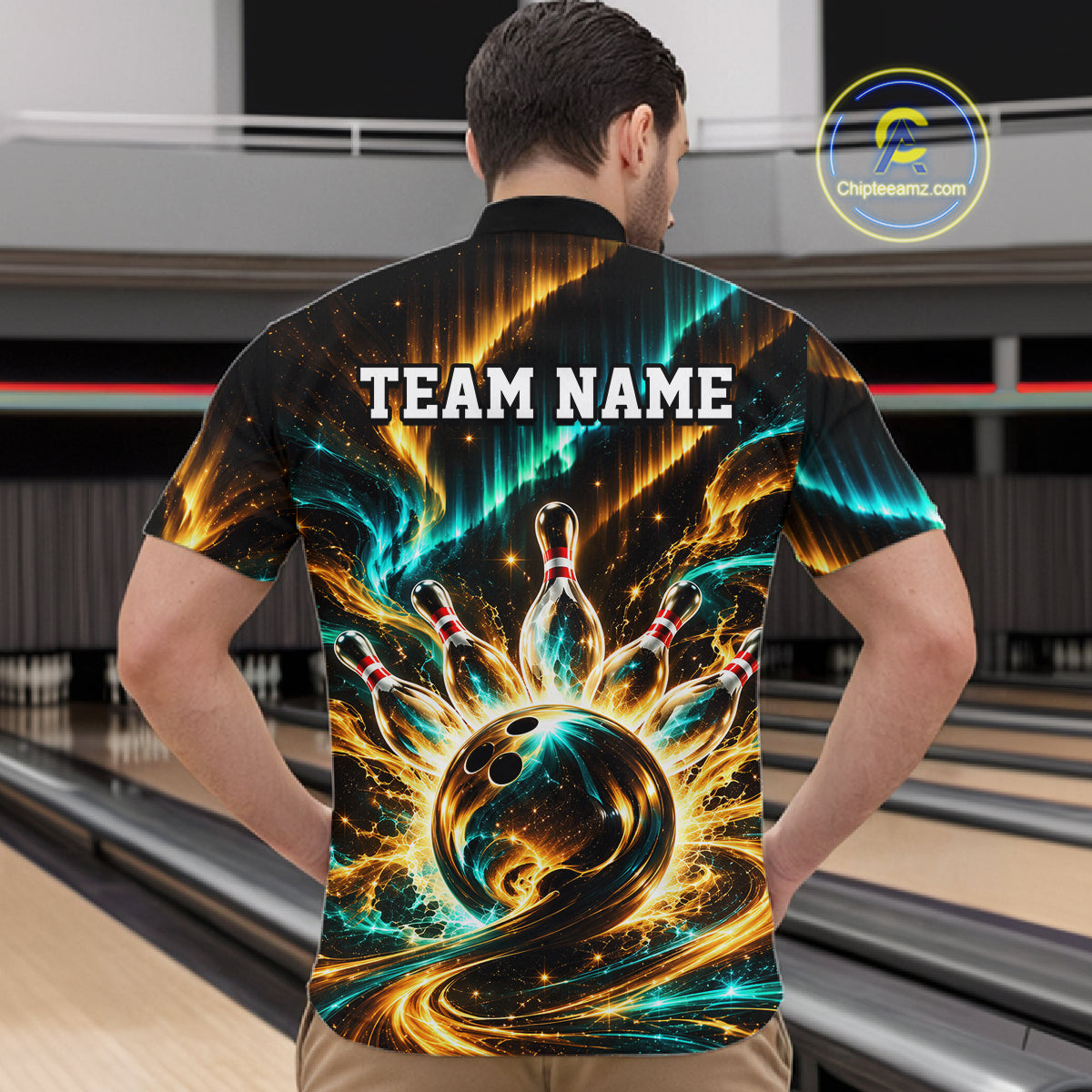 Custom Black Gold Aurora Galaxy Bowling Shirt for Men Cosmic Bowling Jersey Polo & 1/4 Zip QZT1402