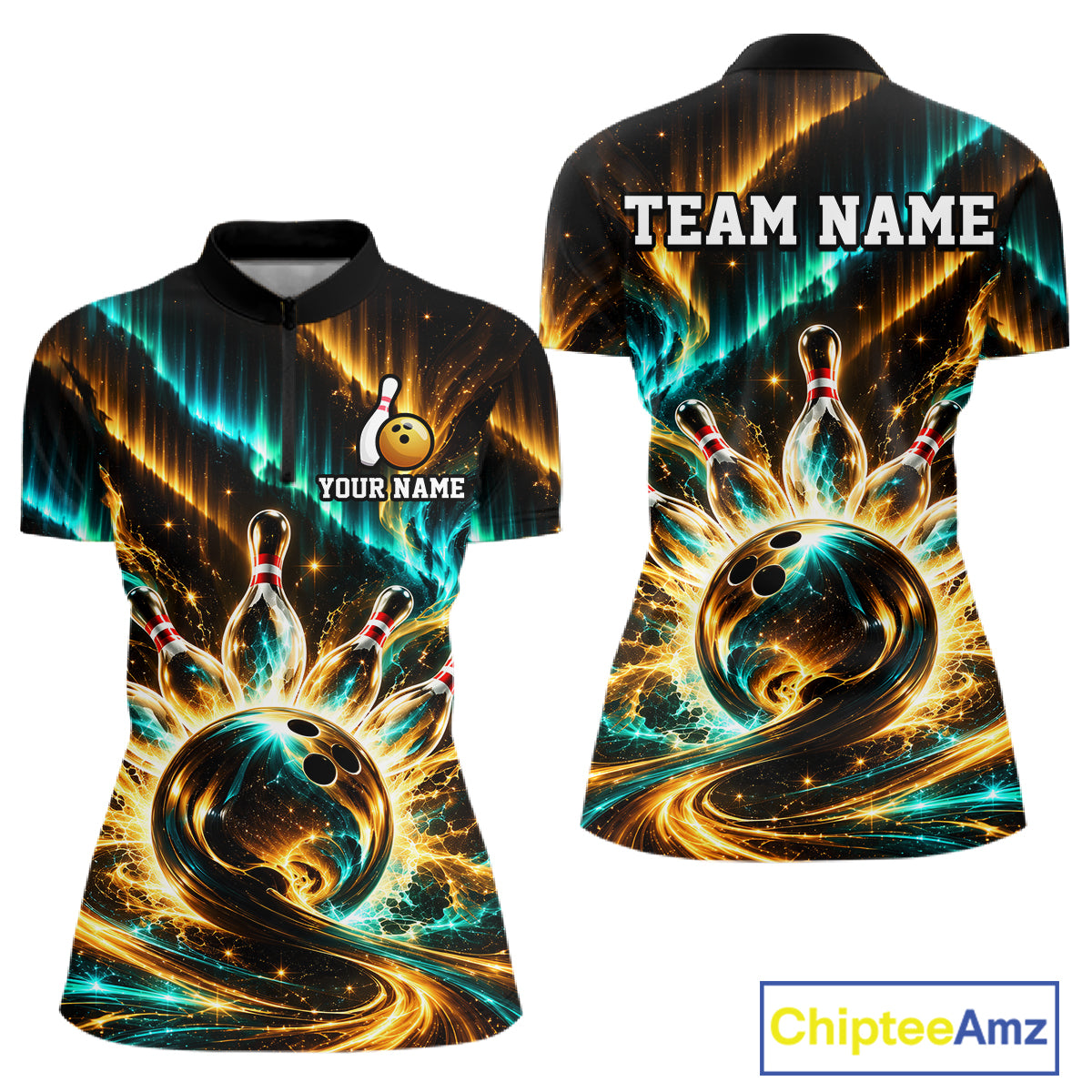 Custom Black Gold Aurora Bowling Shirt for Women Galaxy Bowling Jersey Polo & 1/4 Zip QZT1402