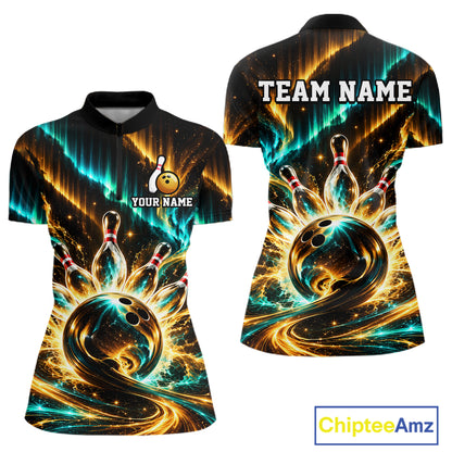 Custom Black Gold Aurora Bowling Shirt for Women Galaxy Bowling Jersey Polo & 1/4 Zip QZT1402