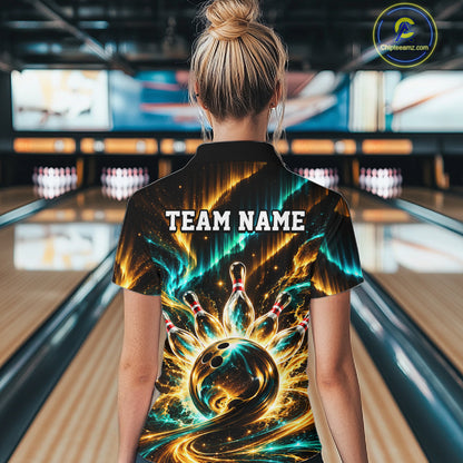 Custom Black Gold Aurora Bowling Shirt for Women Galaxy Bowling Jersey Polo & 1/4 Zip QZT1402