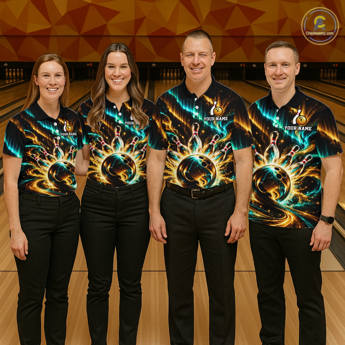 Custom Black Gold Aurora Bowling Shirt for Women Galaxy Bowling Jersey Polo & 1/4 Zip QZT1402