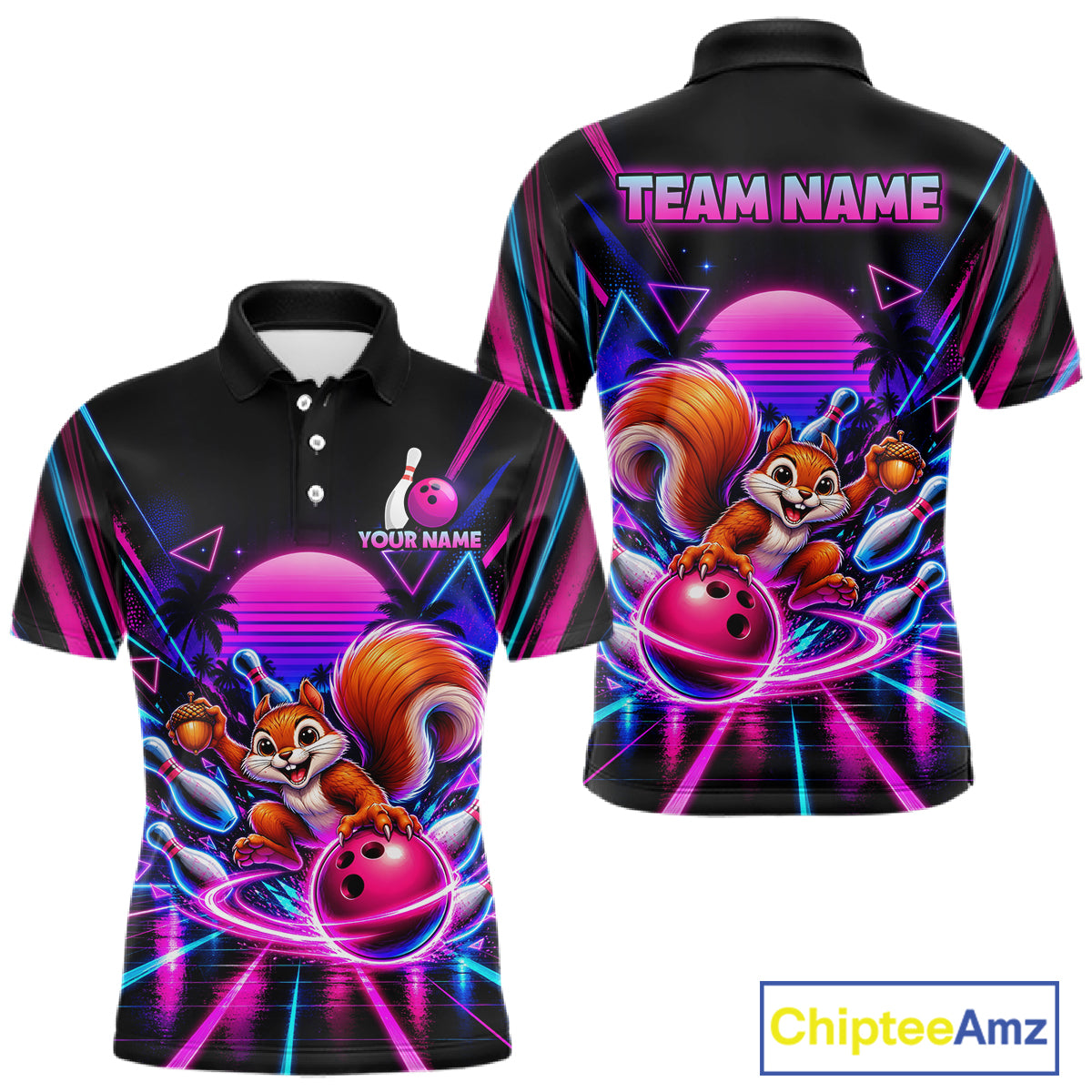 Custom Neon Retro Bowling Shirt for Men Funny Squirrel Bowling Jersey QZT1403