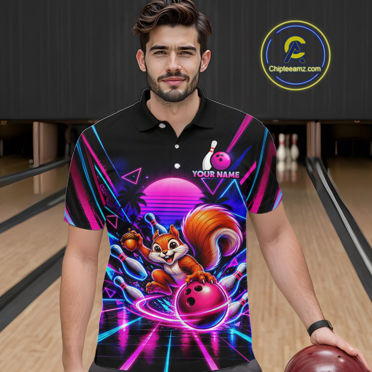 Custom Neon Retro Bowling Shirt for Men Funny Squirrel Bowling Jersey QZT1403