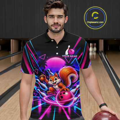 Custom Neon Retro Bowling Shirt for Men Funny Squirrel Bowling Jersey QZT1403