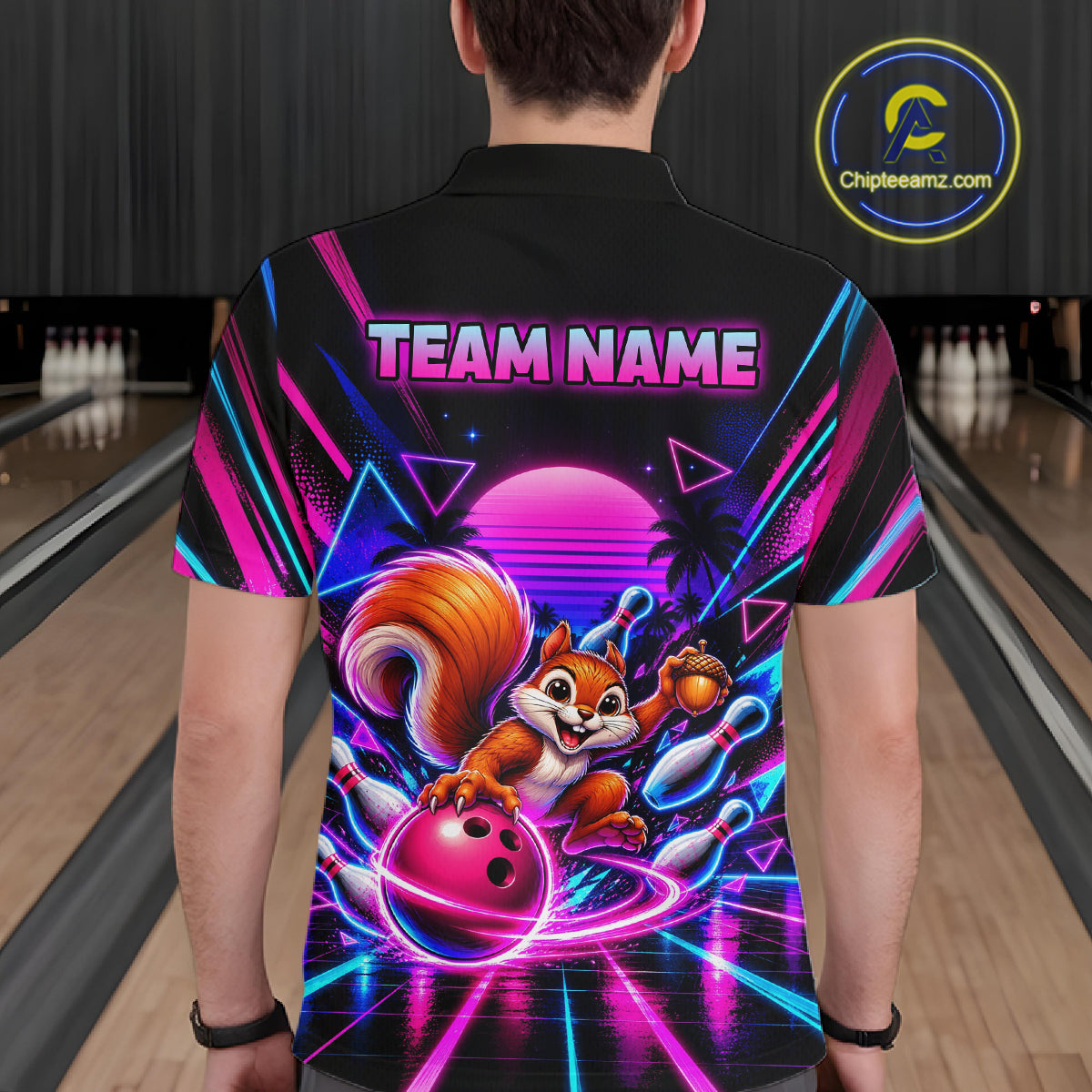 Custom Neon Retro Bowling Shirt for Men Funny Squirrel Bowling Jersey QZT1403
